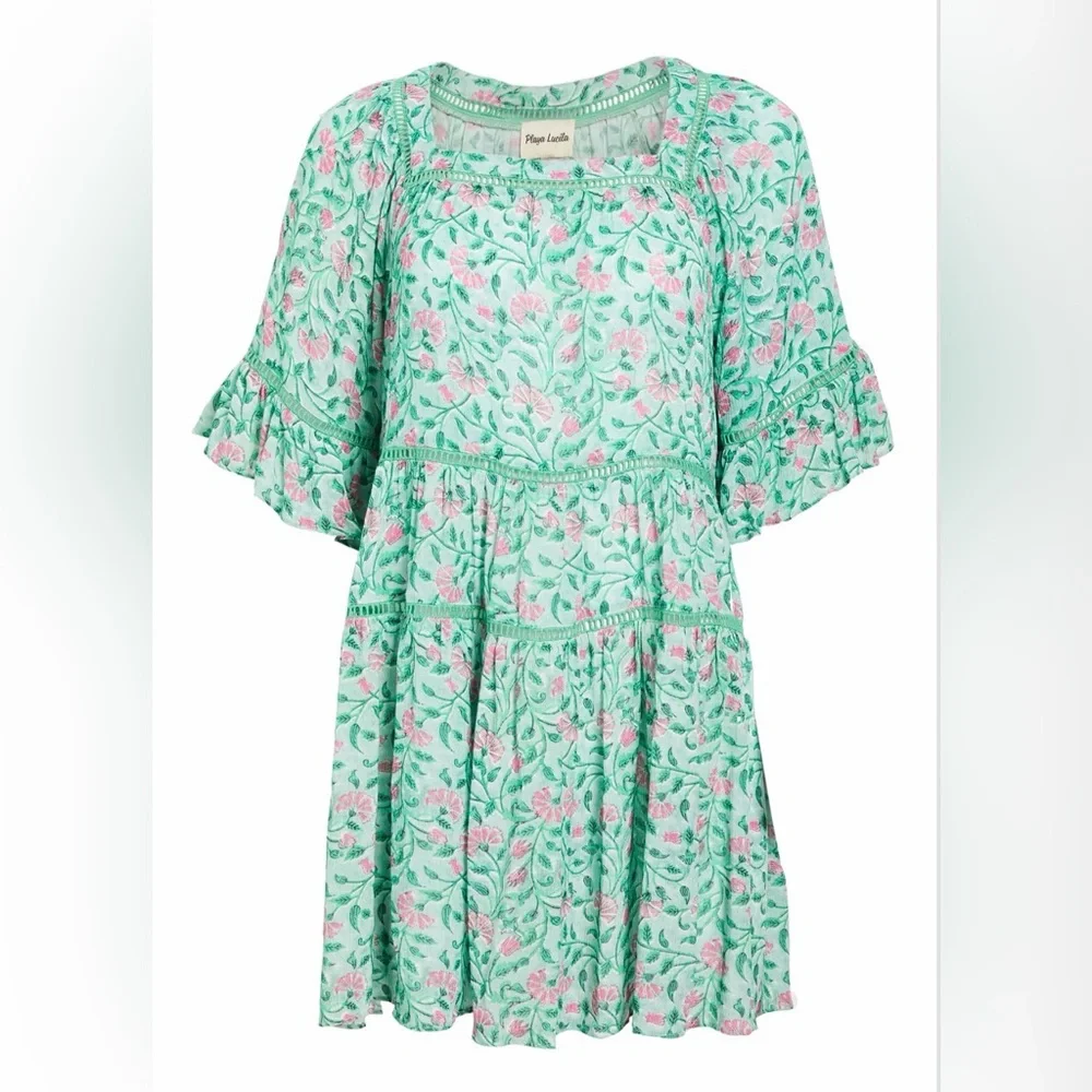 Playa Lucila Green Floral Mini Dress Ruffle Sleeve Boho Spring Summer Dress - Picture 3 of 10